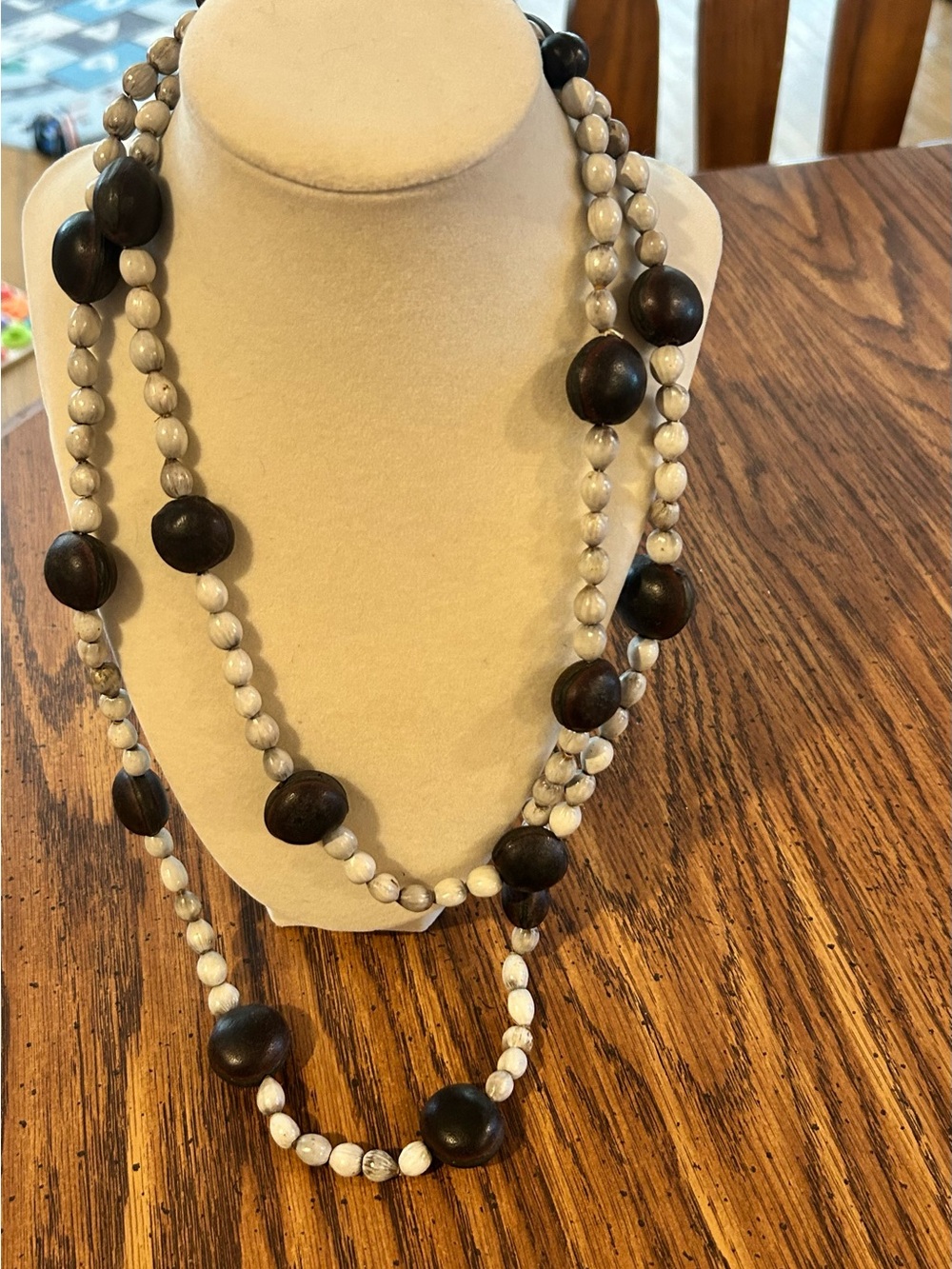 White and Dark Brown wood Beaded Long Necklace - Vintage Women Jewelry
